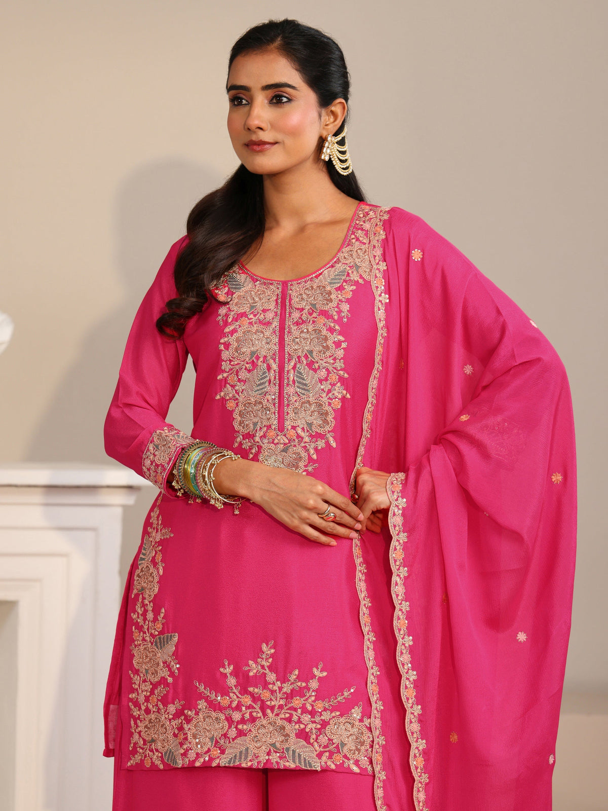 Anouk Fuchsia Pink Floral Embroidered Chinon Straight Suit Set