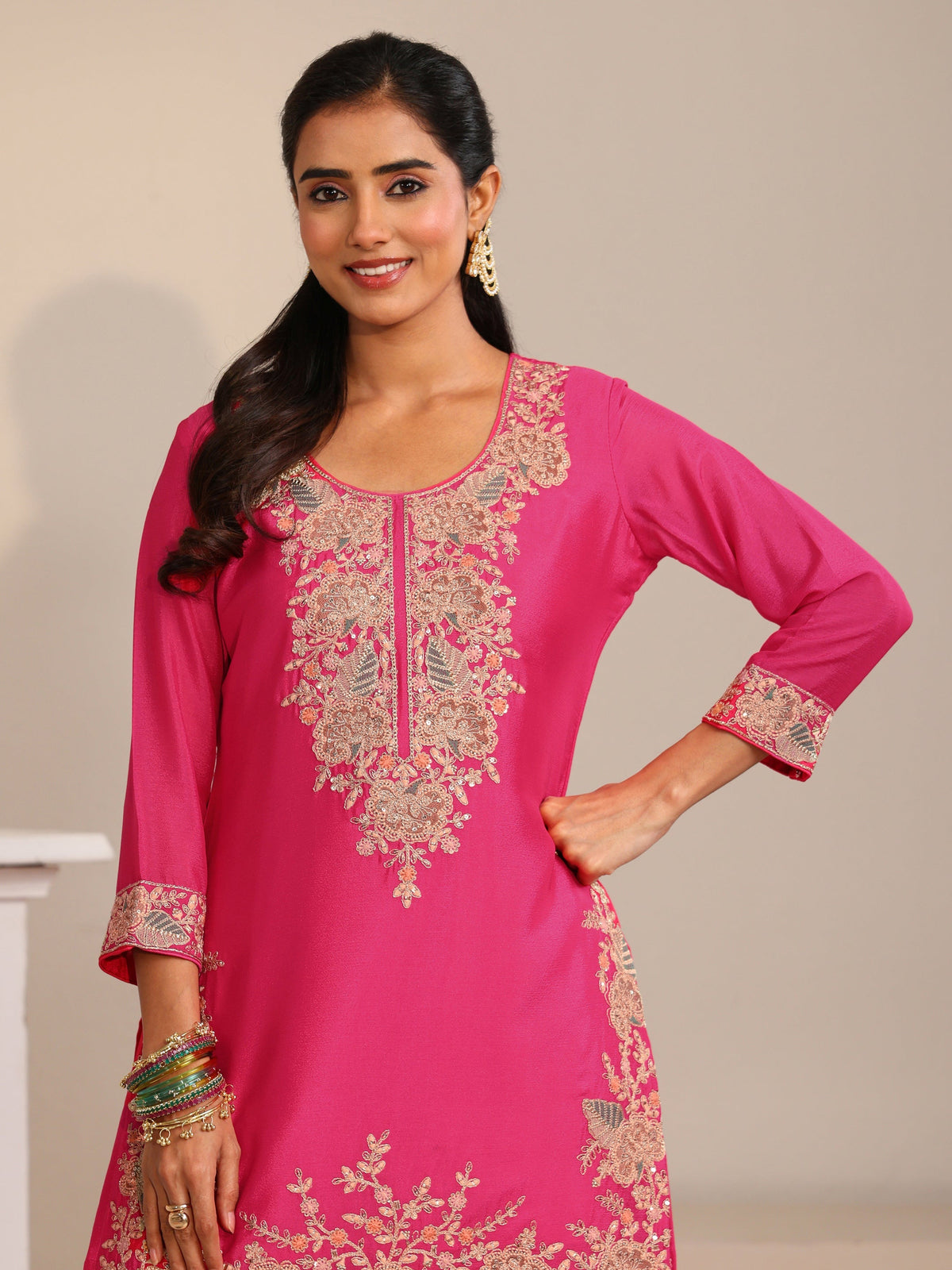 Anouk Fuchsia Pink Floral Embroidered Chinon Straight Suit Set