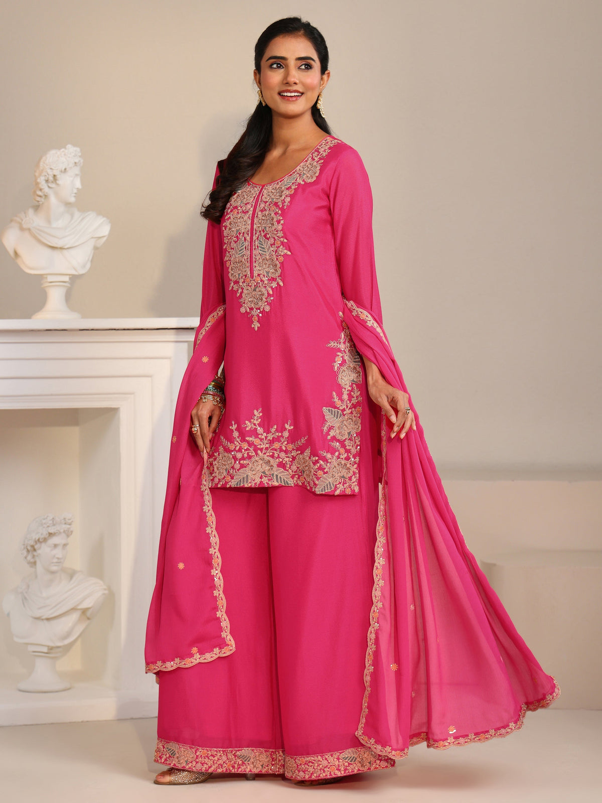 Anouk Fuchsia Pink Floral Embroidered Chinon Straight Suit Set