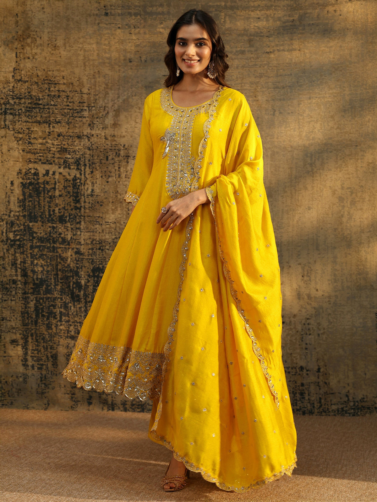 Anouk Lemon Yellow  Embellished Silk Blend Anarkali Suit Set