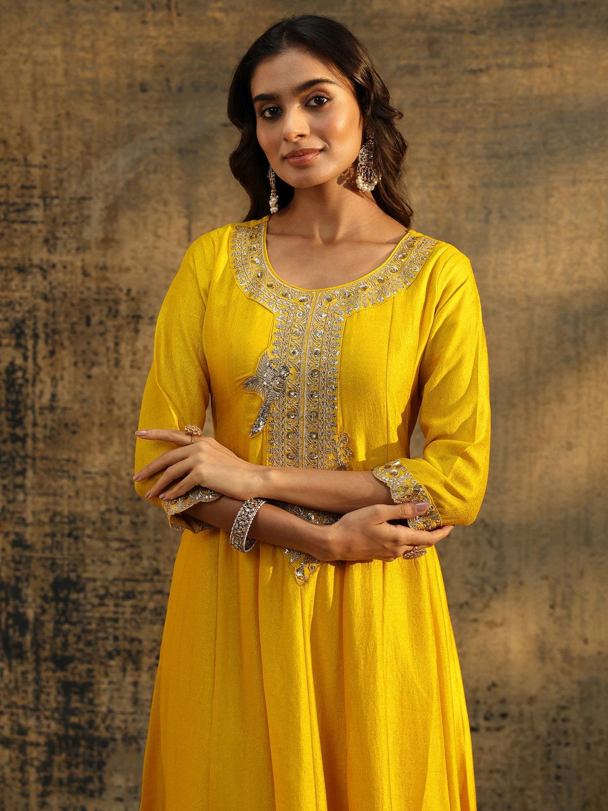 Anouk Lemon Yellow  Embellished Silk Blend Anarkali Suit Set