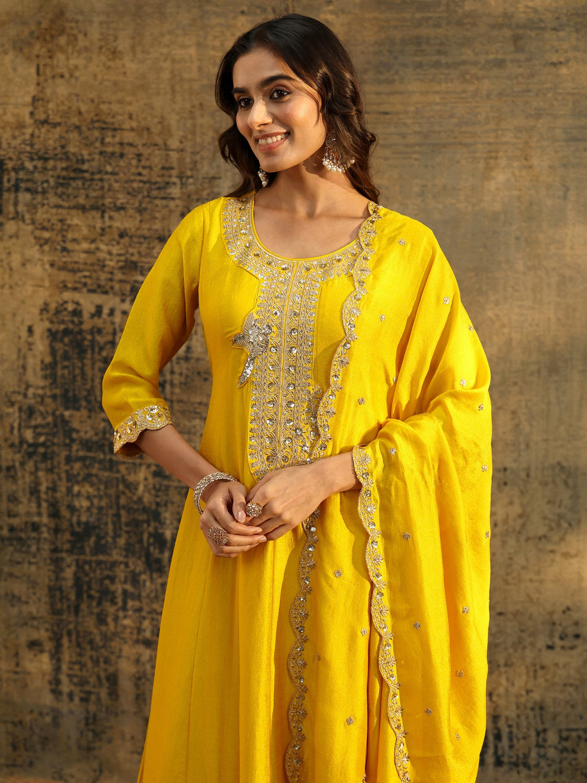 Anouk Lemon Yellow  Embellished Silk Blend Anarkali Suit Set