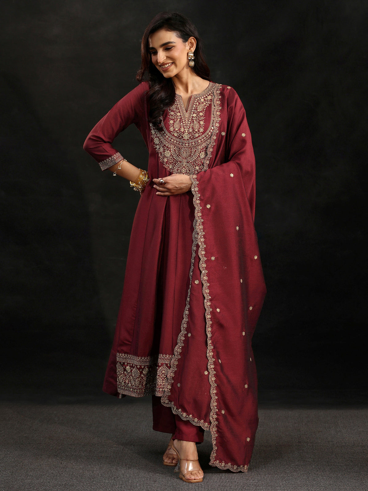 Anouk Maroon Embellished Yoke Design Silk Blend Anarkali Suit Set
