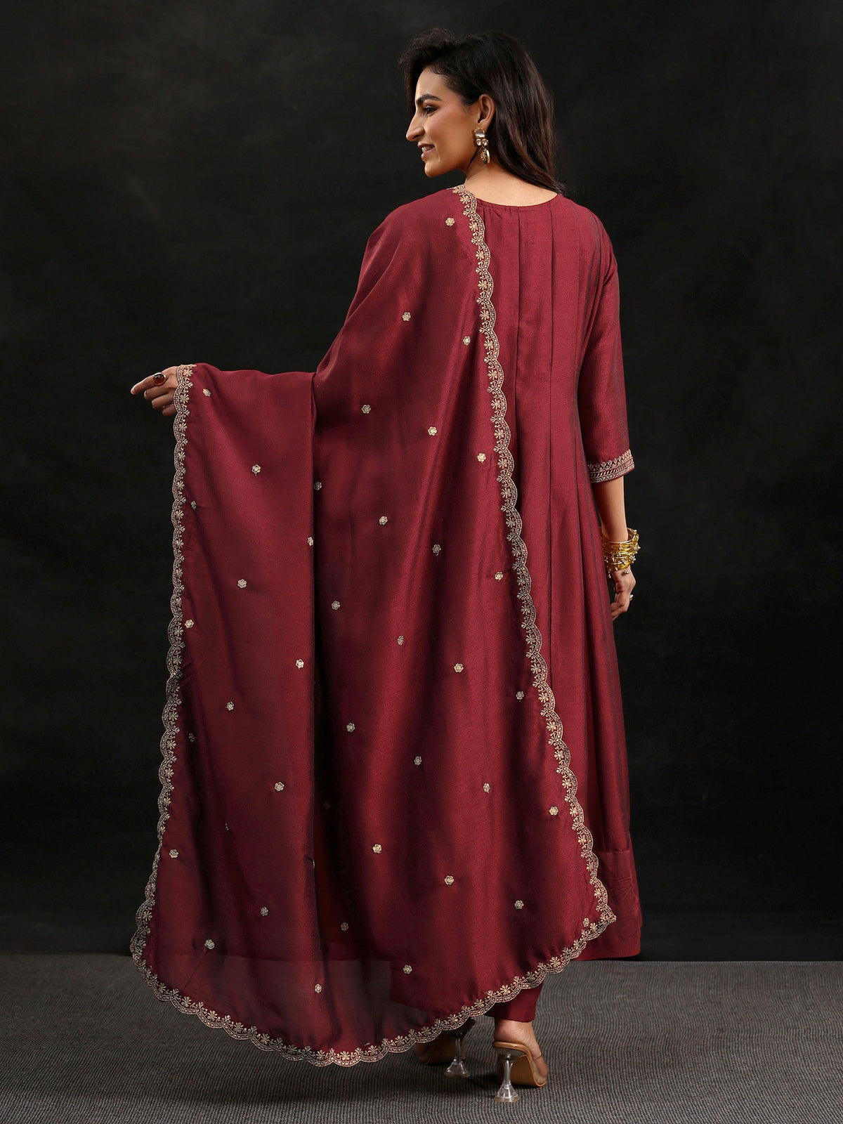 Anouk Maroon Embellished Yoke Design Silk Blend Anarkali Suit Set