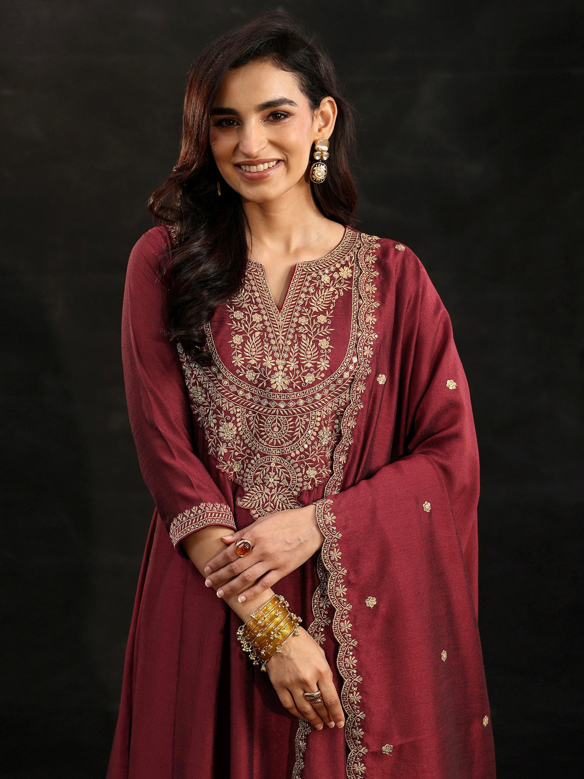 Anouk Maroon Embellished Yoke Design Silk Blend Anarkali Suit Set