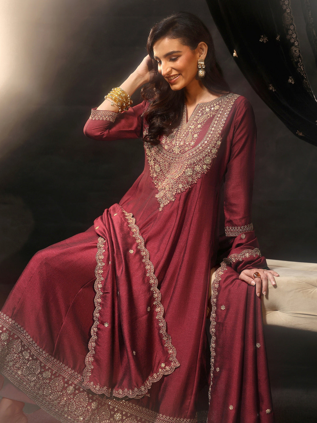 Anouk Maroon Embellished Yoke Design Silk Blend Anarkali Suit Set