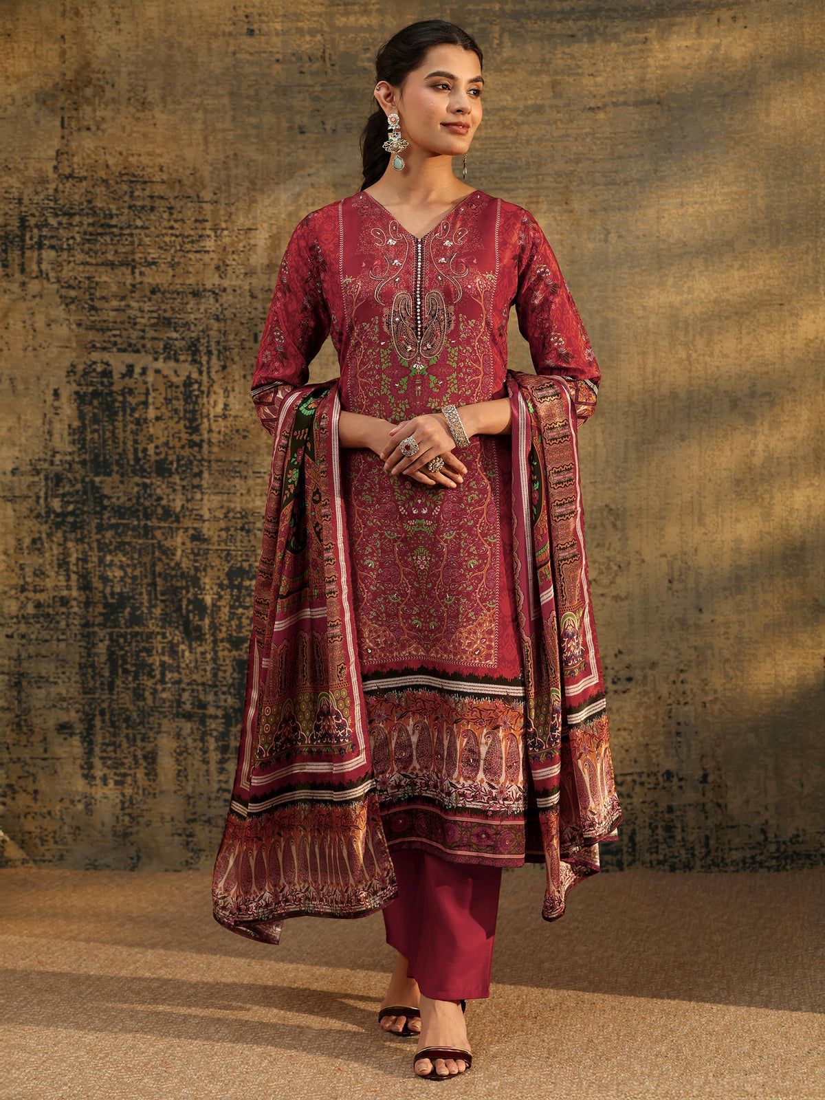 Anouk Rust Brown Ethnic Print Chinon Straight Suit Set