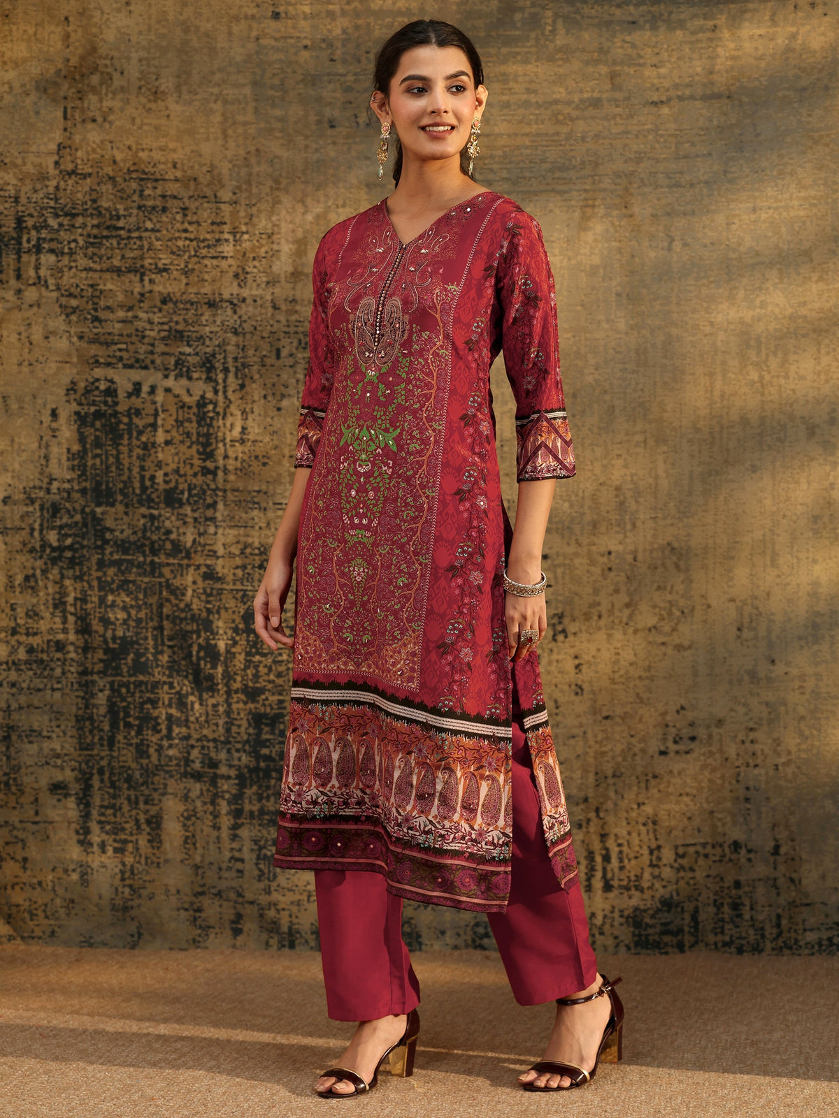 Anouk Rust Brown Ethnic Print Chinon Straight Suit Set