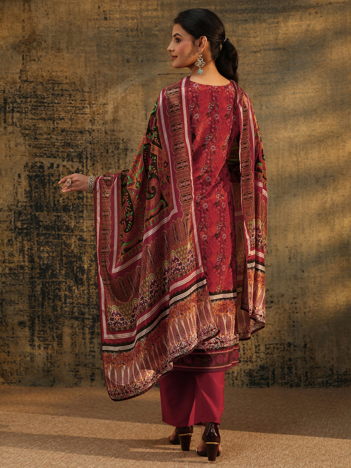 Anouk Rust Brown Ethnic Print Chinon Straight Suit Set