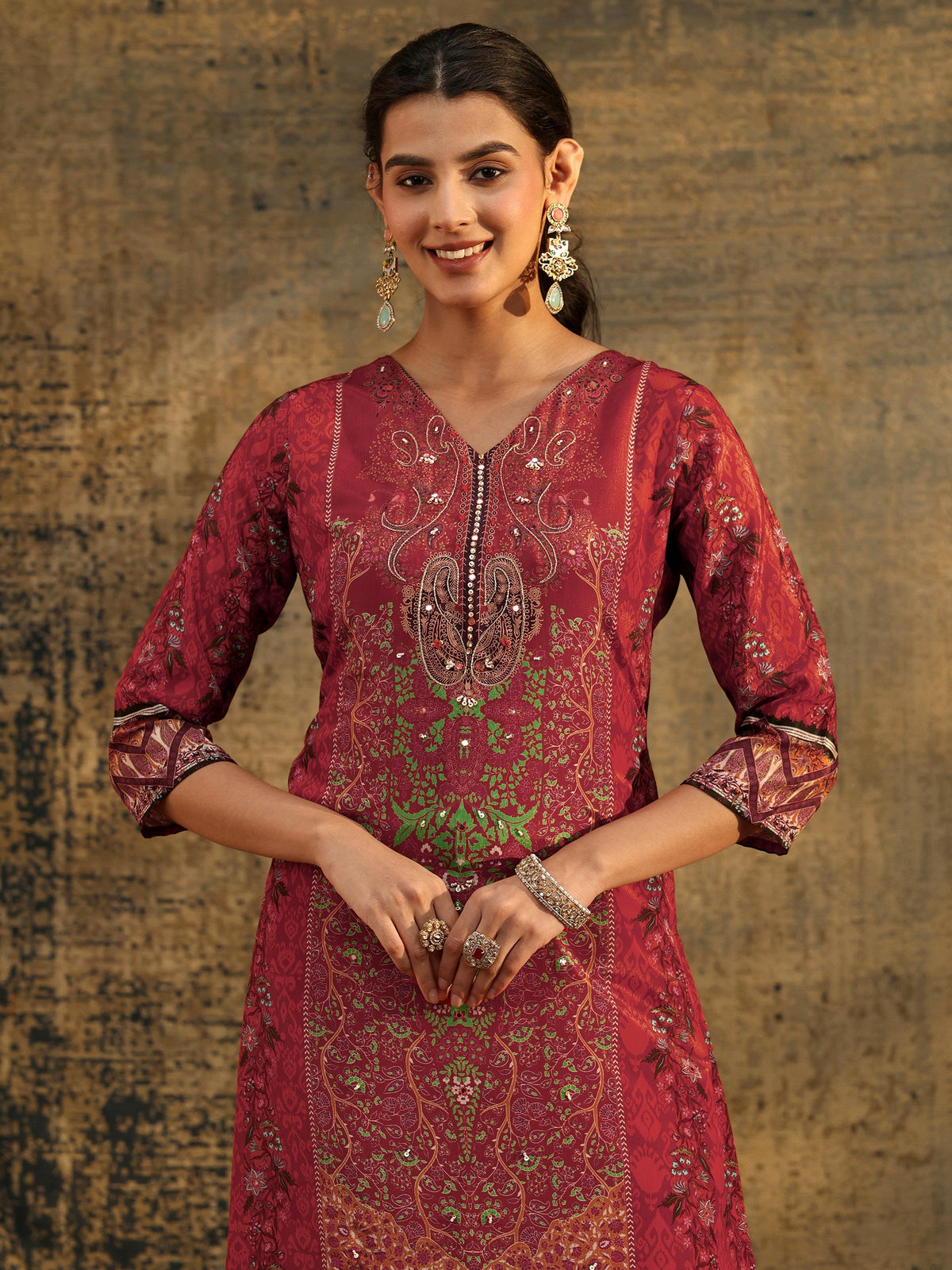 Anouk Rust Brown Ethnic Print Chinon Straight Suit Set