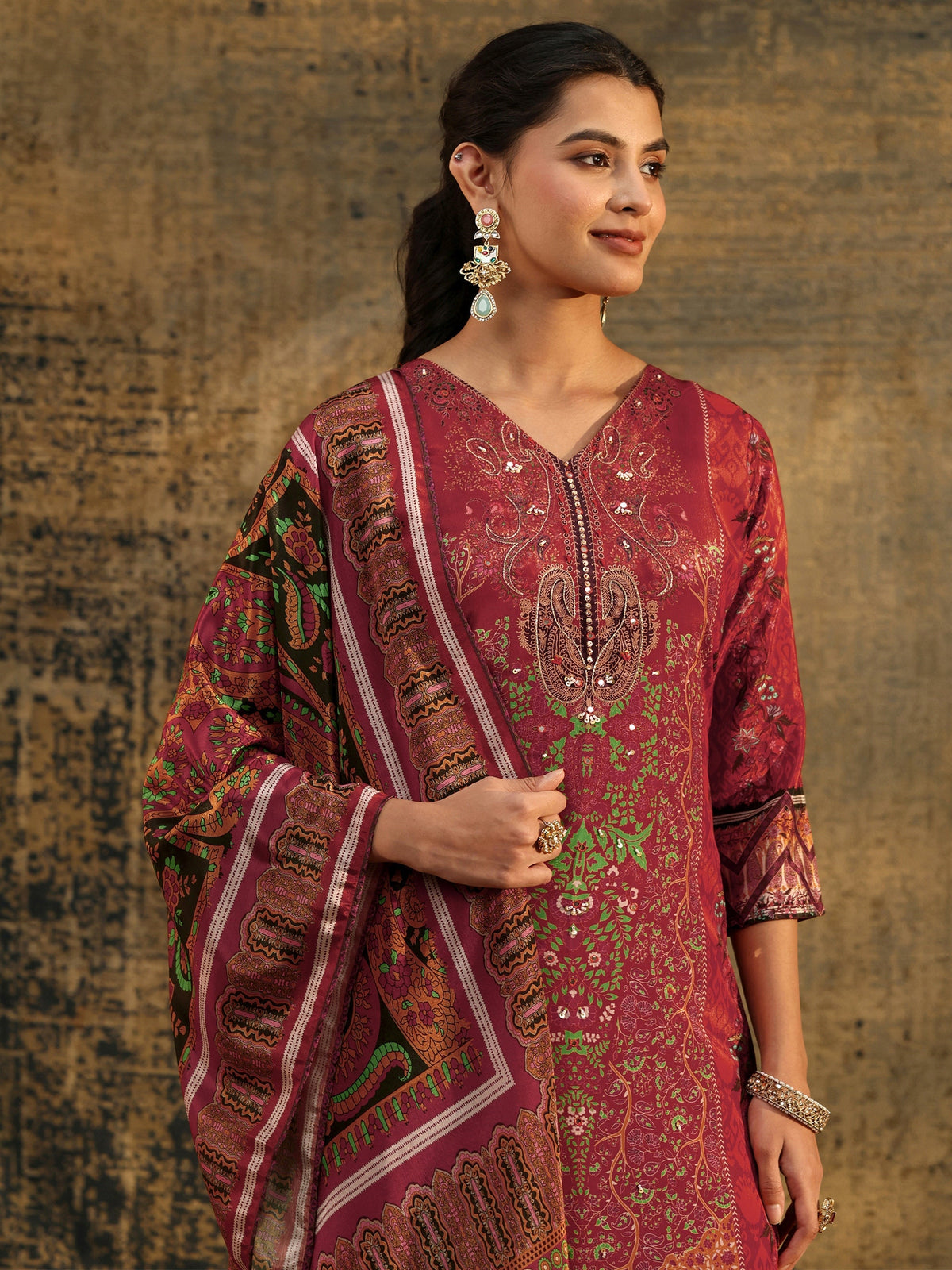 Anouk Rust Brown Ethnic Print Chinon Straight Suit Set