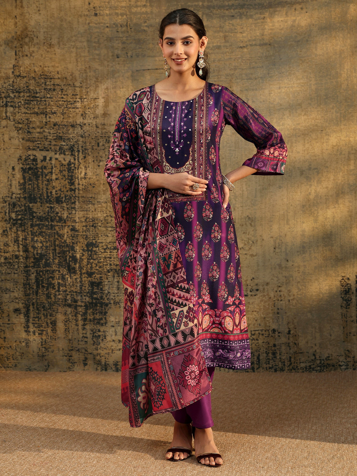 Anouk Dark Purple Floral Embroidered  Chinon Straight Suit Set