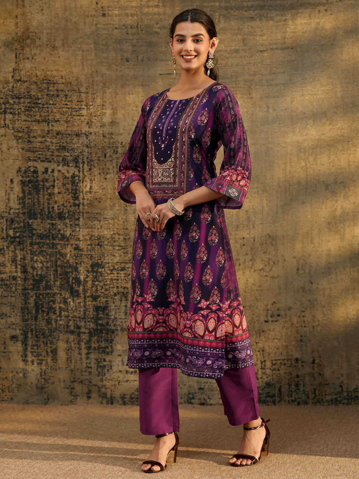 Anouk Dark Purple Floral Embroidered  Chinon Straight Suit Set