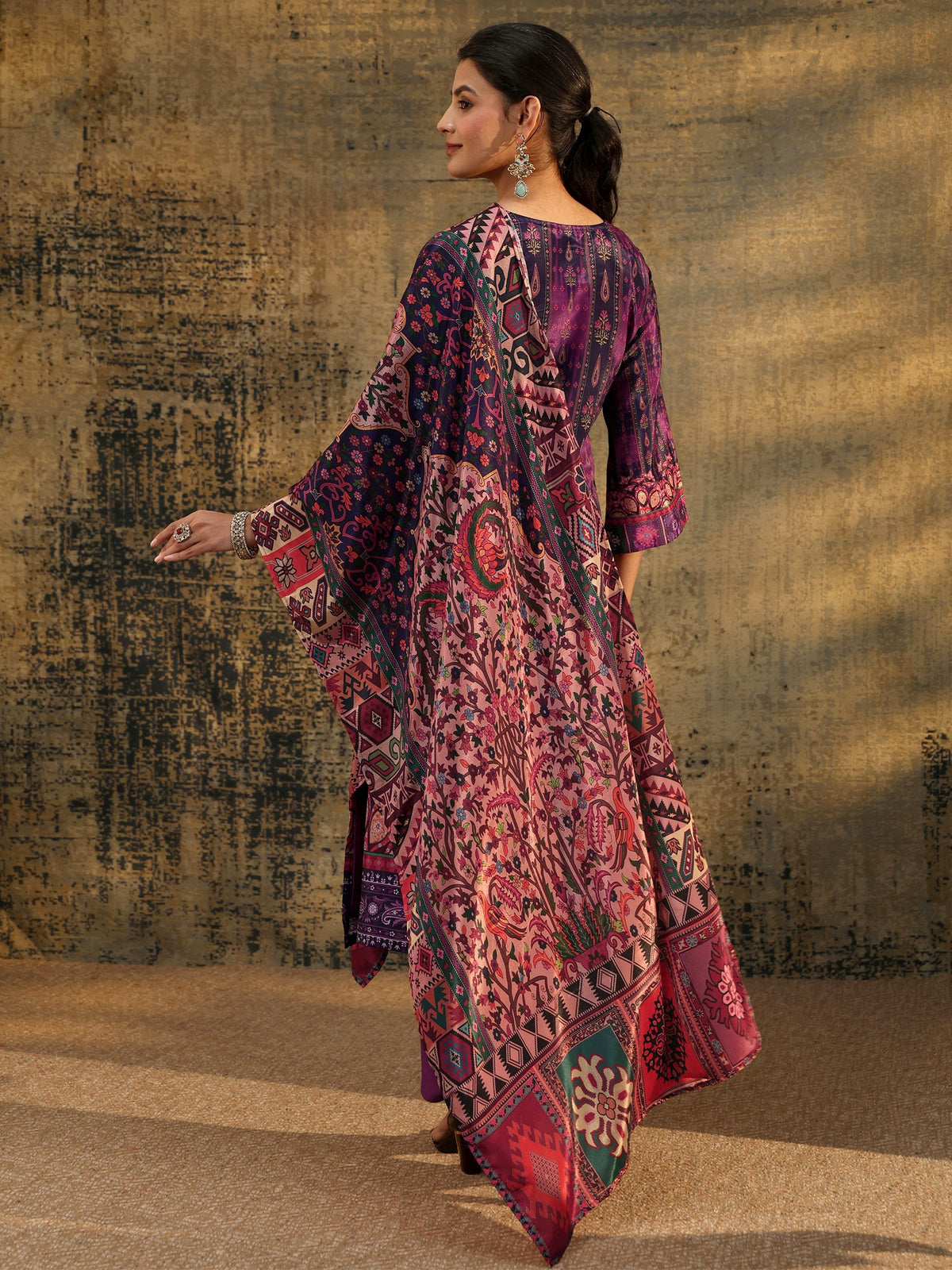 Anouk Dark Purple Floral Embroidered  Chinon Straight Suit Set