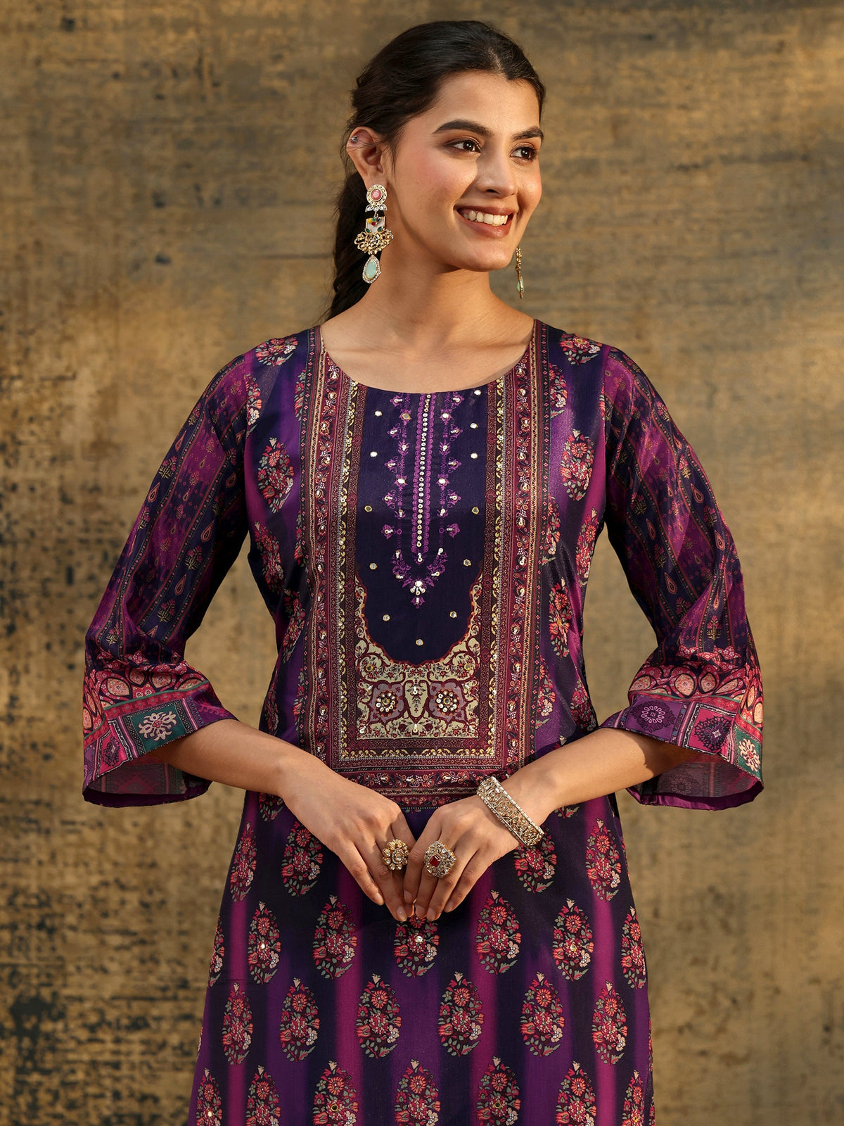 Anouk Dark Purple Floral Embroidered  Chinon Straight Suit Set