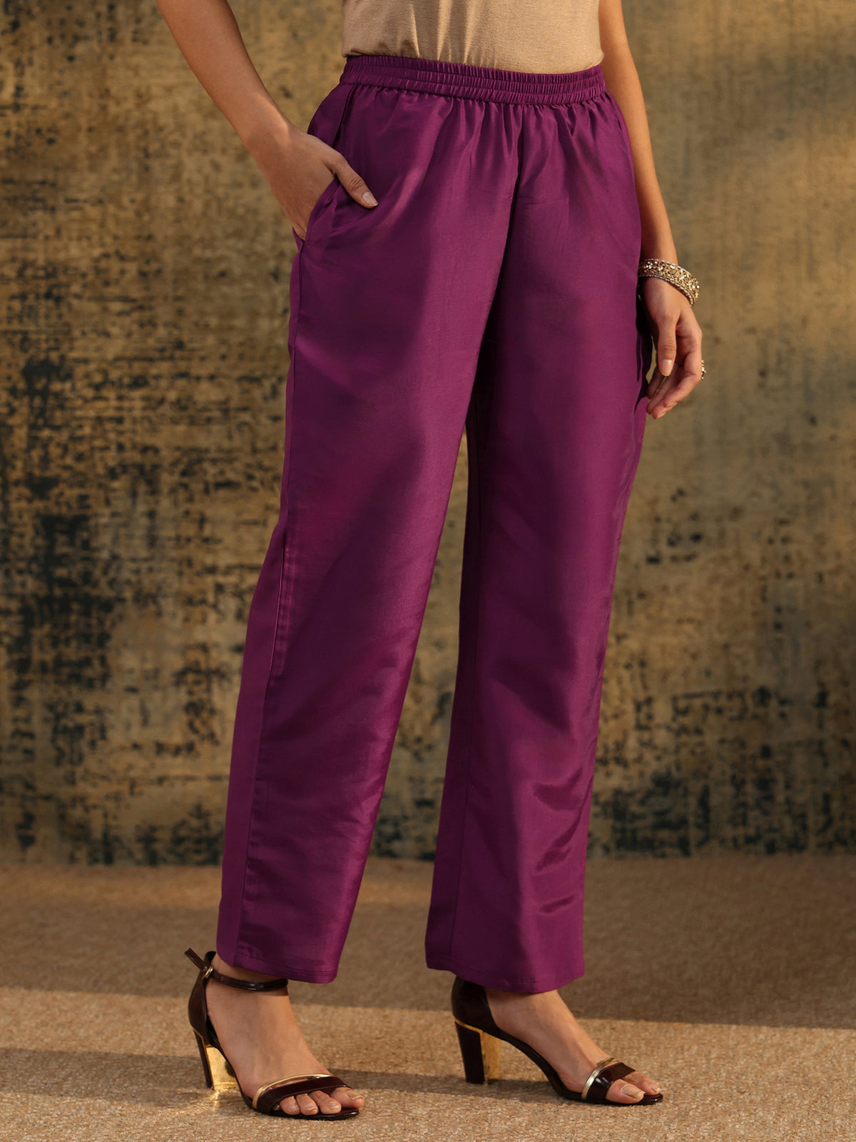 Anouk Dark Purple Floral Embroidered  Chinon Straight Suit Set