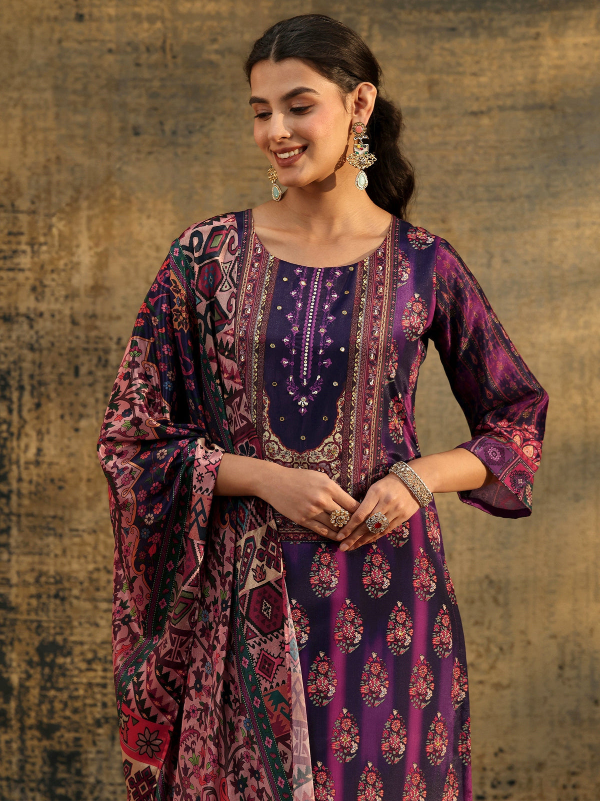 Anouk Dark Purple Floral Embroidered  Chinon Straight Suit Set