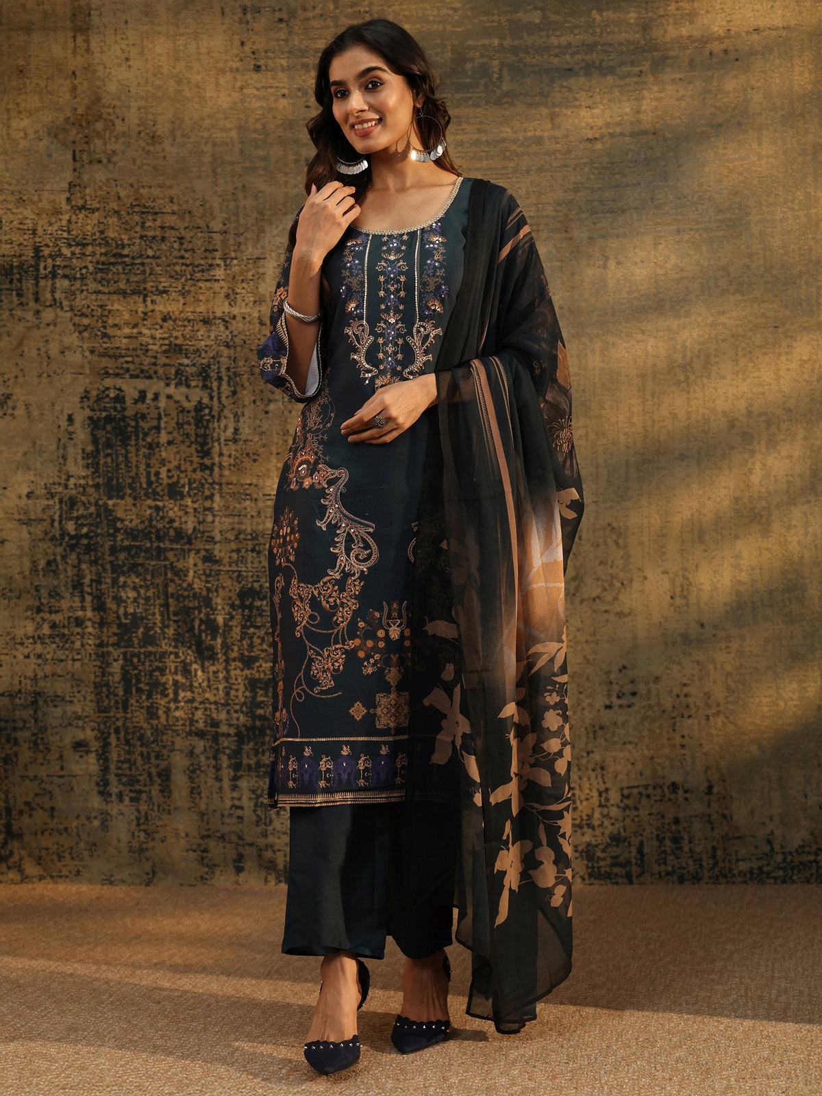 Anouk Dark Teal Blue Embellished Silk Blend Straight Suit Set