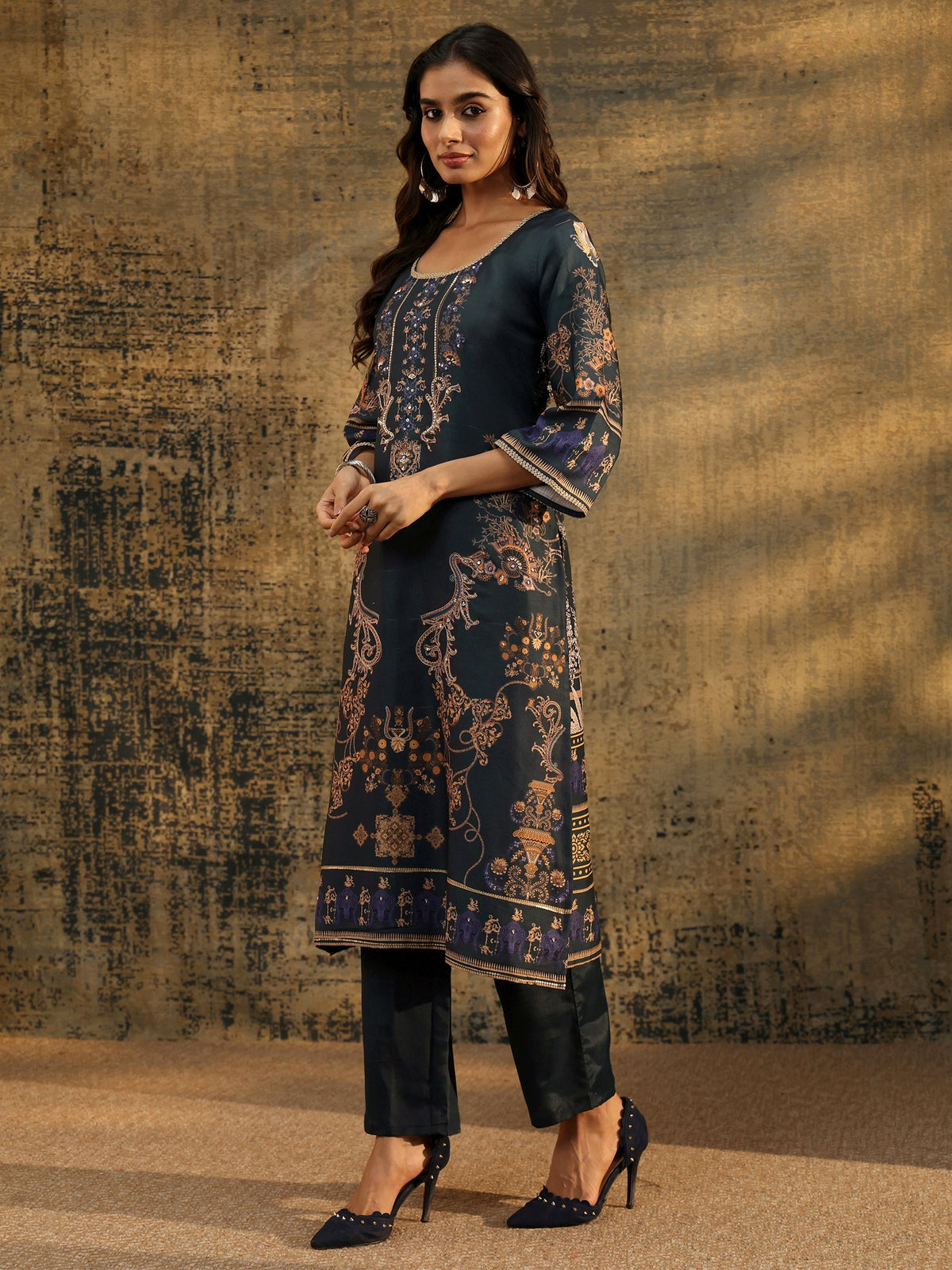 Anouk Dark Teal Blue Embellished Silk Blend Straight Suit Set
