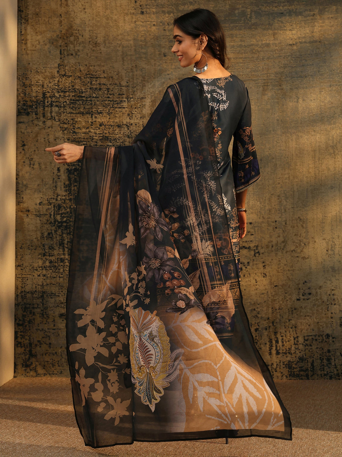 Anouk Dark Teal Blue Embellished Silk Blend Straight Suit Set