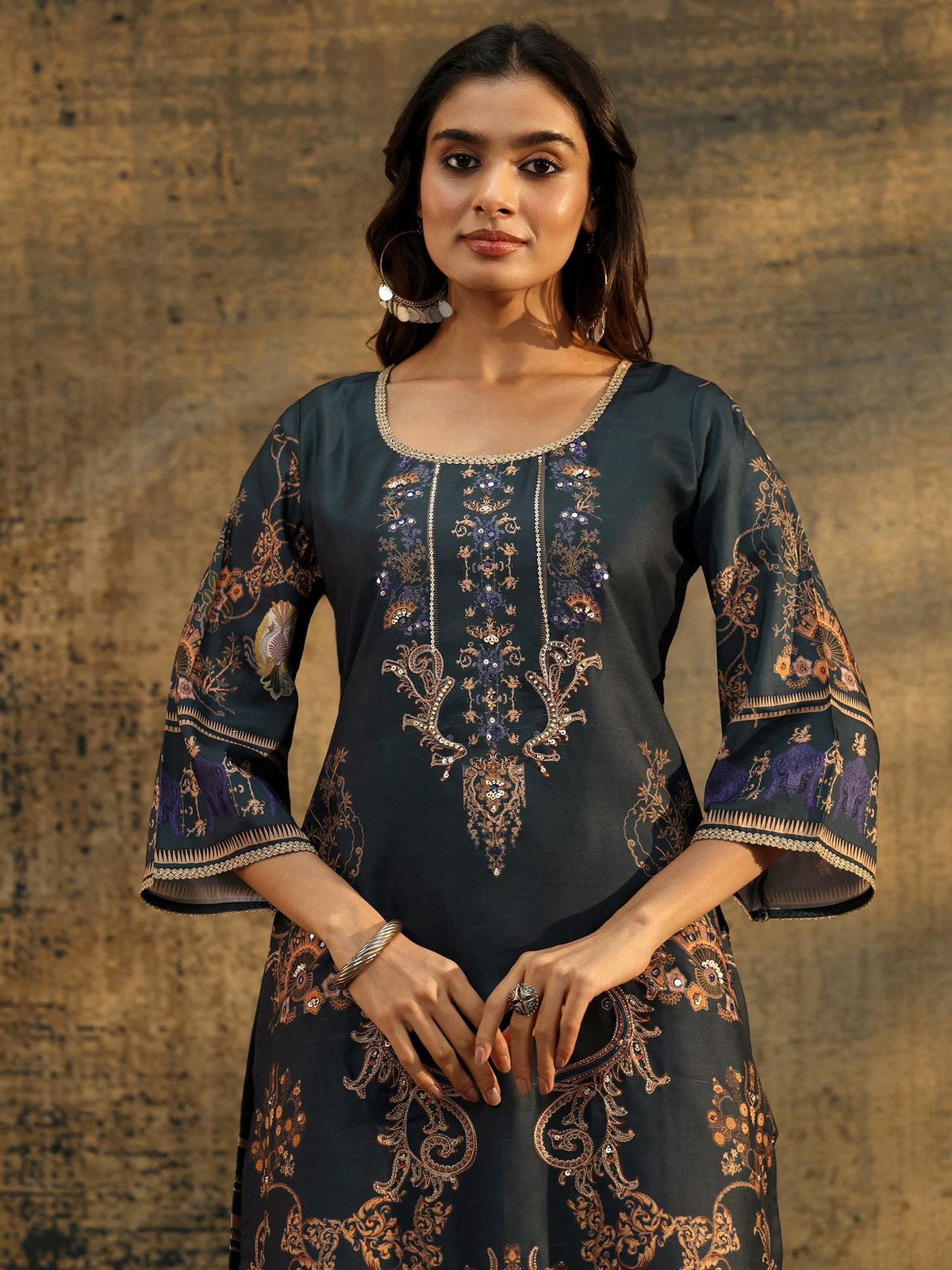 Anouk Dark Teal Blue Embellished Silk Blend Straight Suit Set