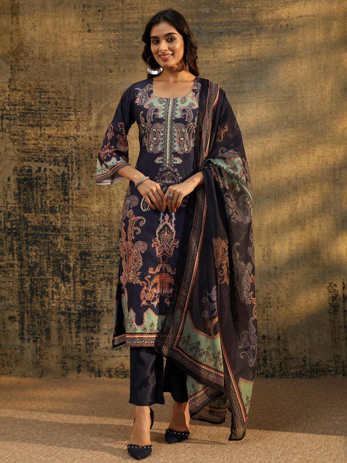 Anouk Midnight Purple Paisley Print  Silk Blend Straight Suit Set