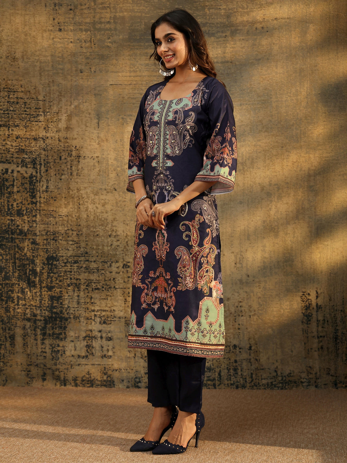 Anouk Midnight Purple Paisley Print  Silk Blend Straight Suit Set