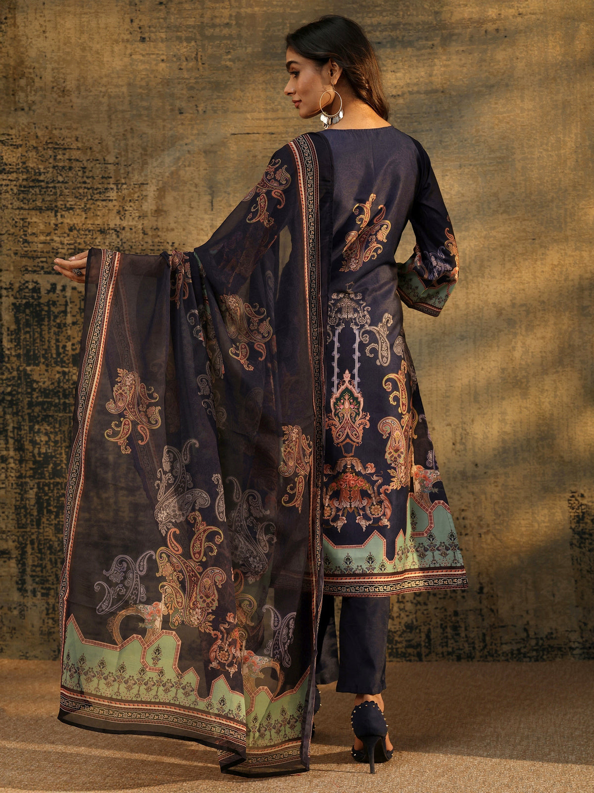 Anouk Midnight Purple Paisley Print  Silk Blend Straight Suit Set