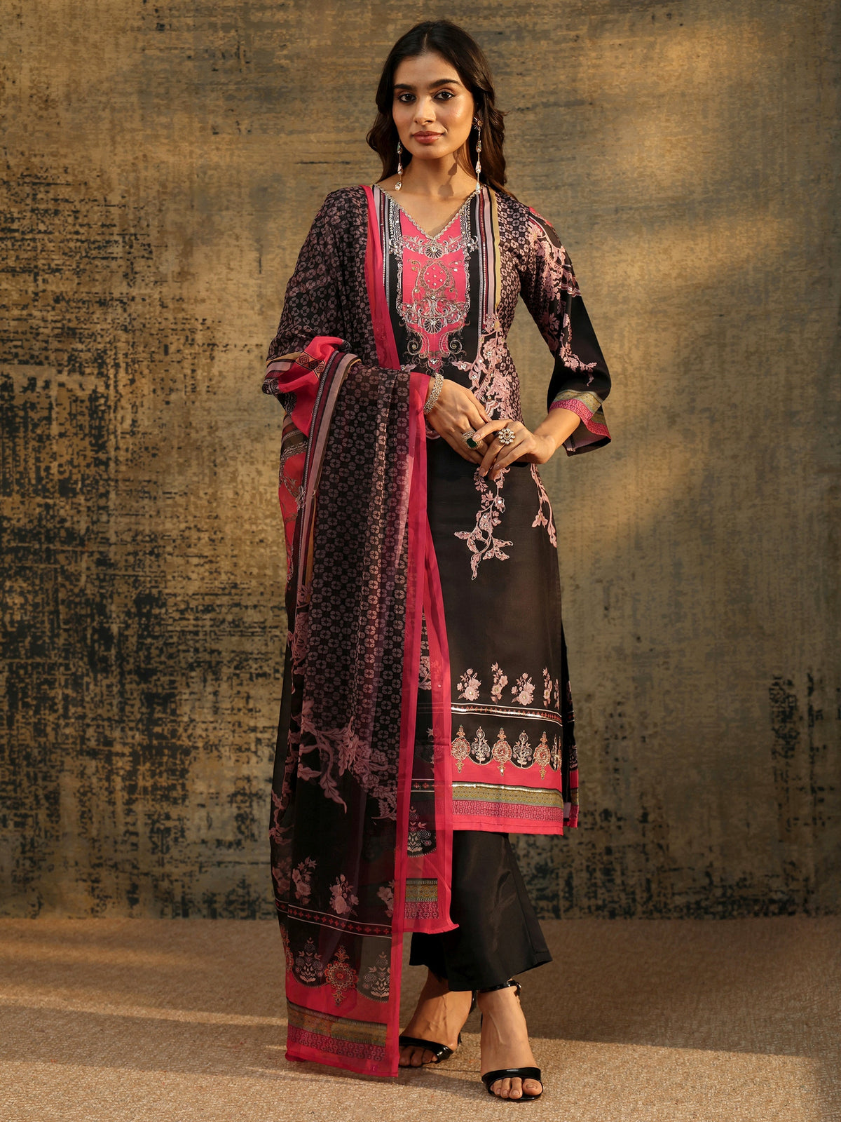 Anouk Black Floral Embellished Silk Blend Straight Suit Set