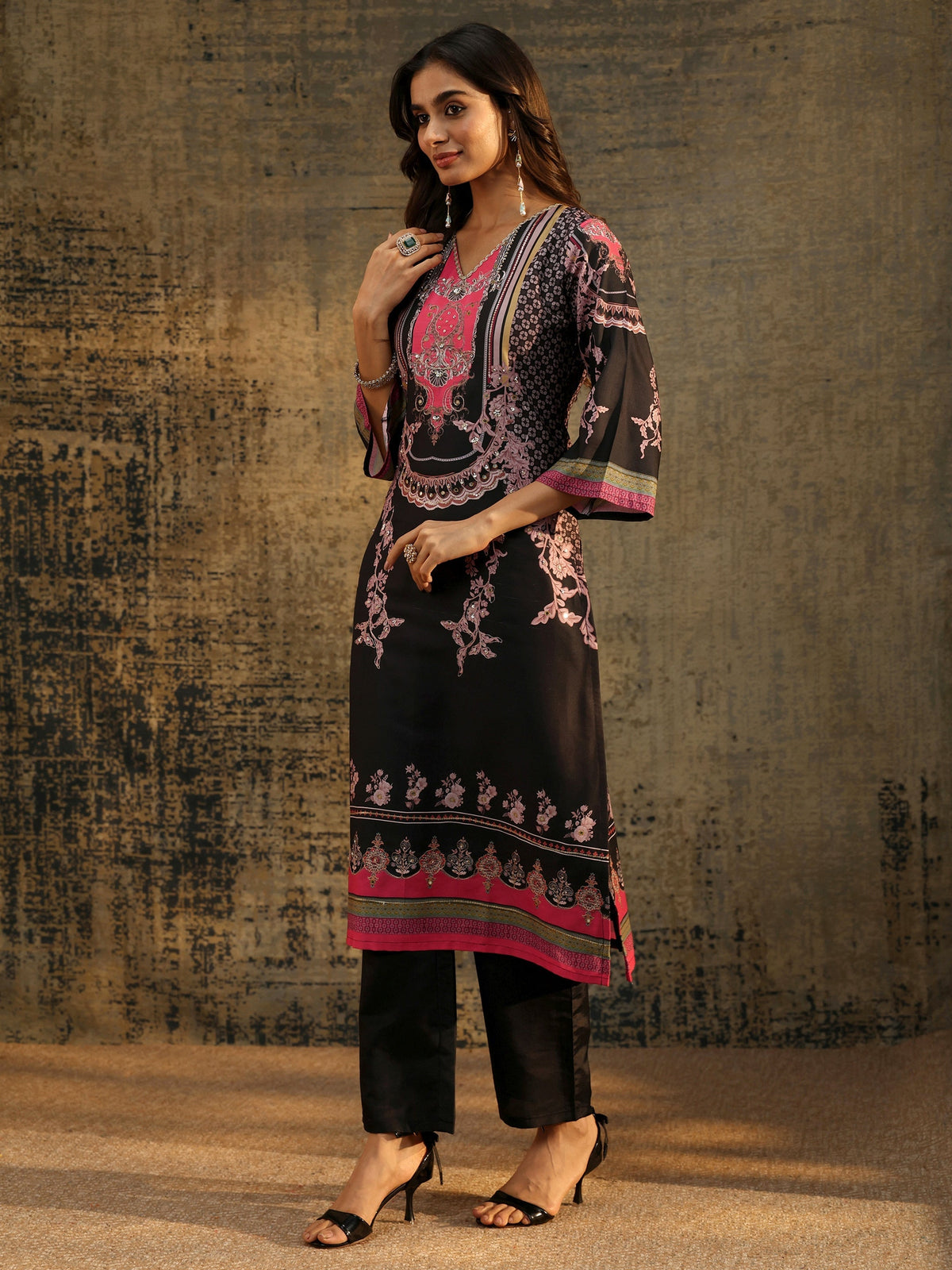 Anouk Black Floral Embellished Silk Blend Straight Suit Set