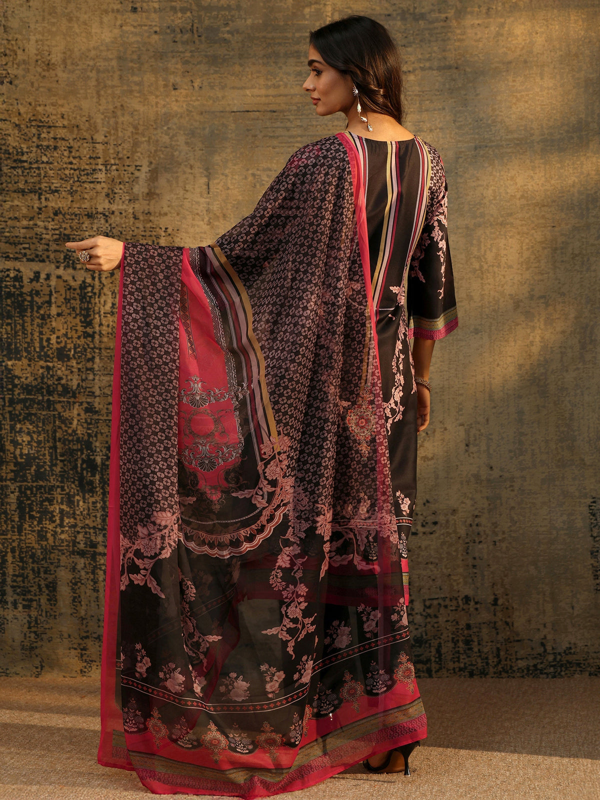 Anouk Black Floral Embellished Silk Blend Straight Suit Set