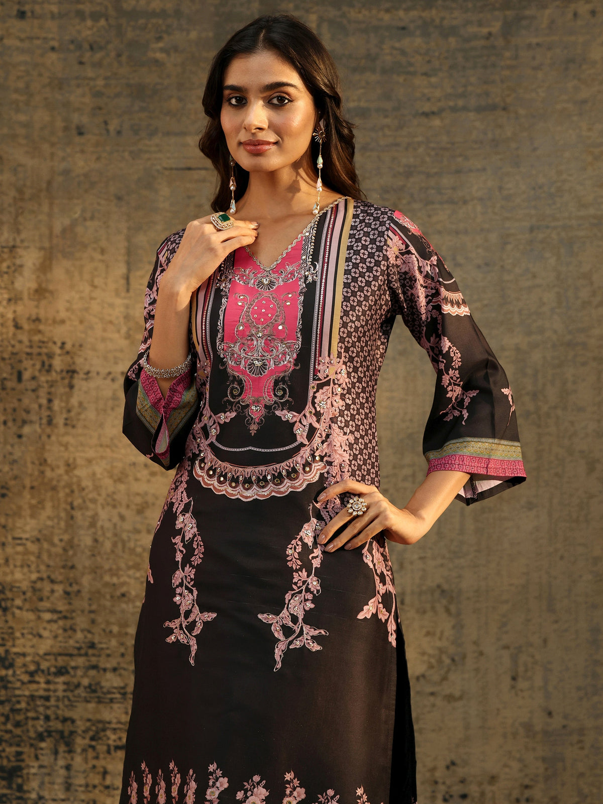 Anouk Black Floral Embellished Silk Blend Straight Suit Set