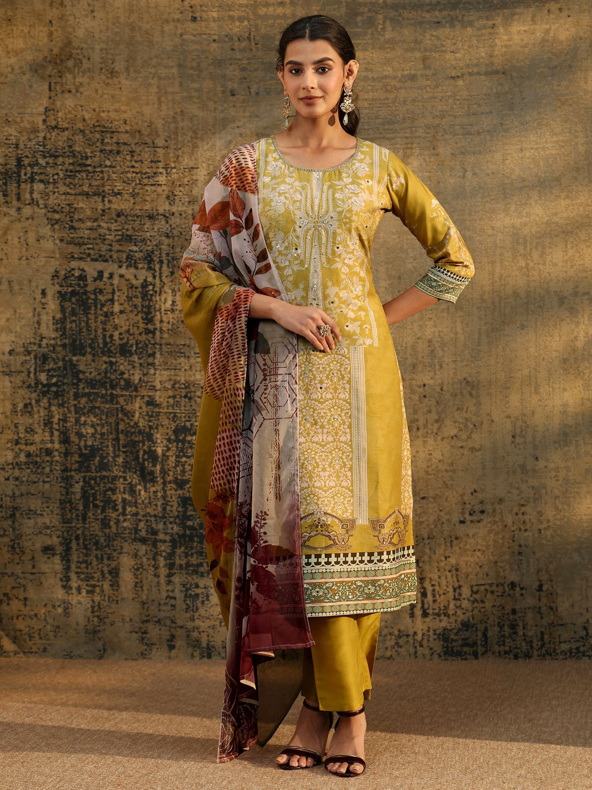 Anouk Mustard Yellow Floral Printed Silk Blend Straight Suit Set