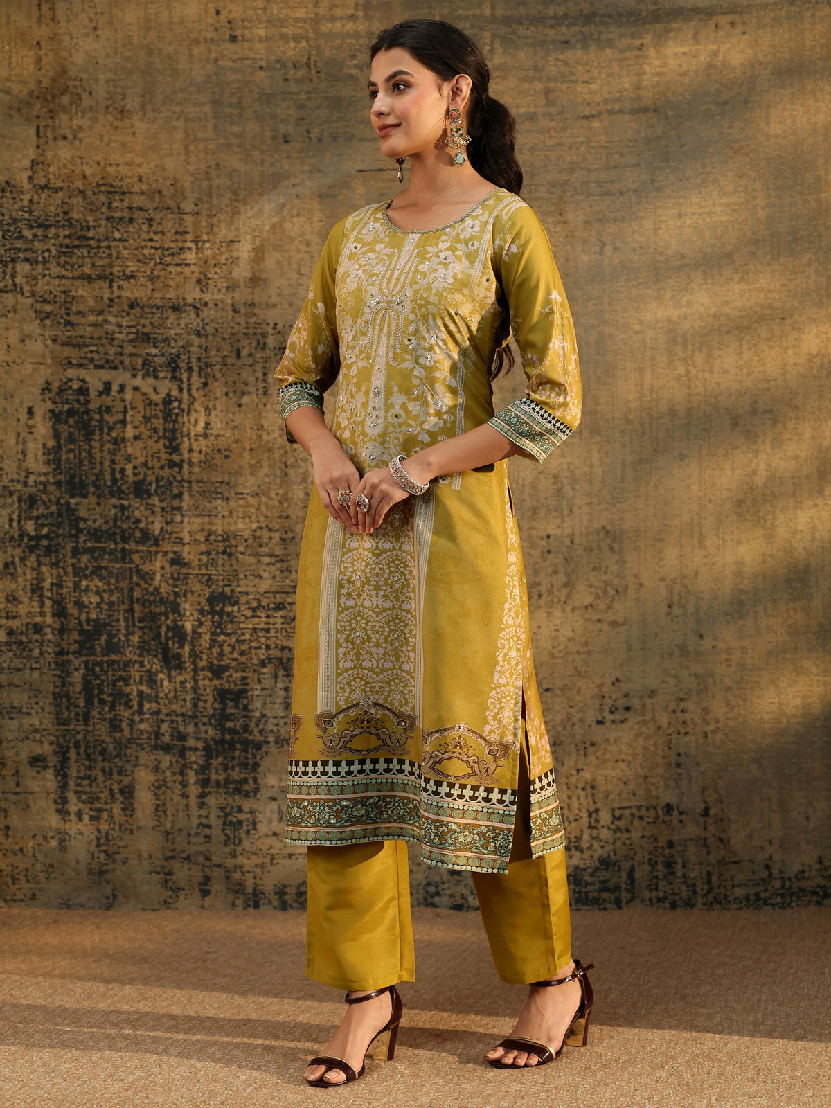 Anouk Mustard Yellow Floral Printed Silk Blend Straight Suit Set