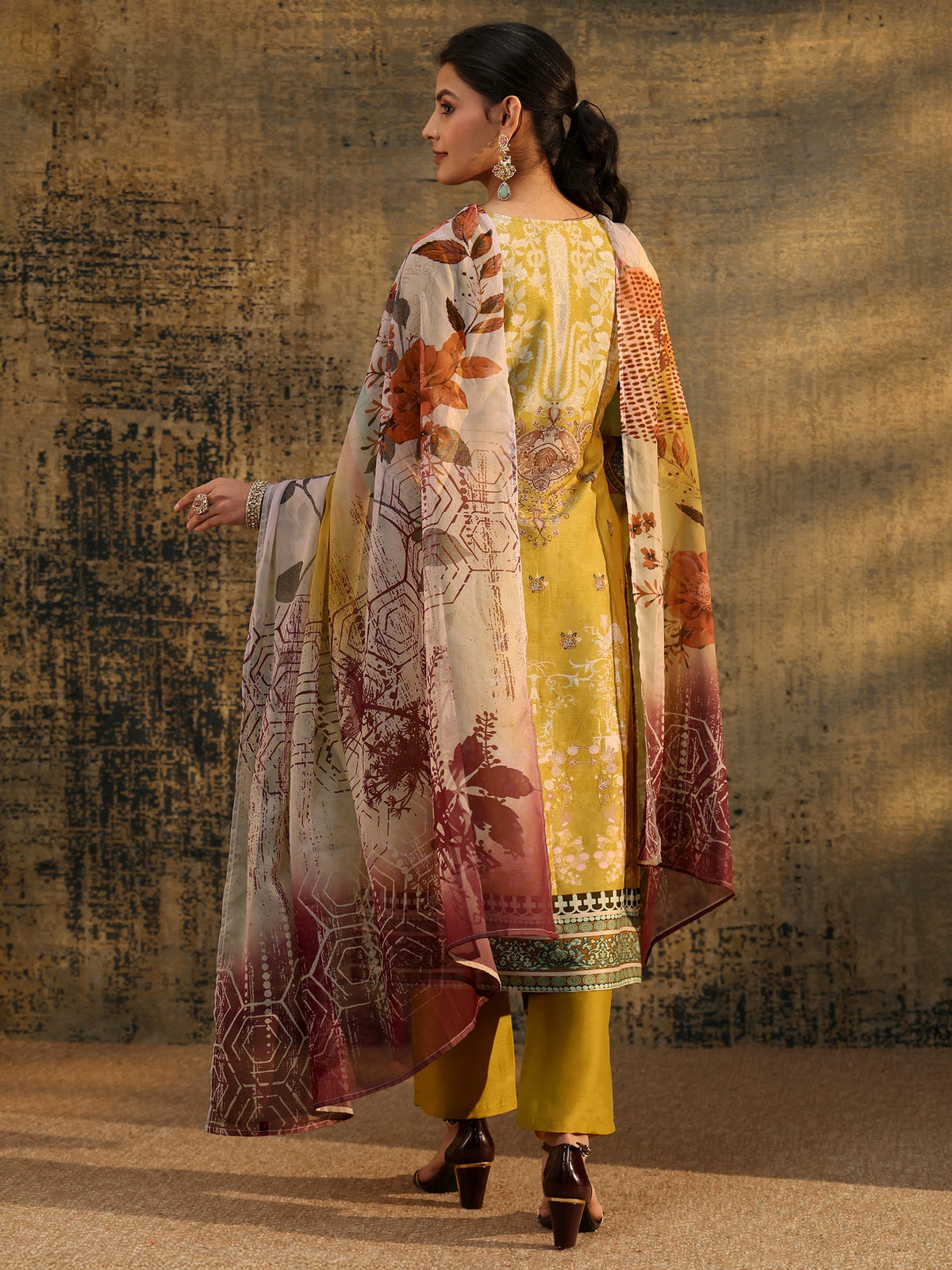 Anouk Mustard Yellow Floral Printed Silk Blend Straight Suit Set