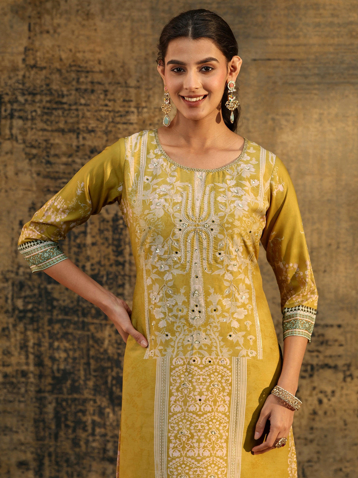 Anouk Mustard Yellow Floral Printed Silk Blend Straight Suit Set