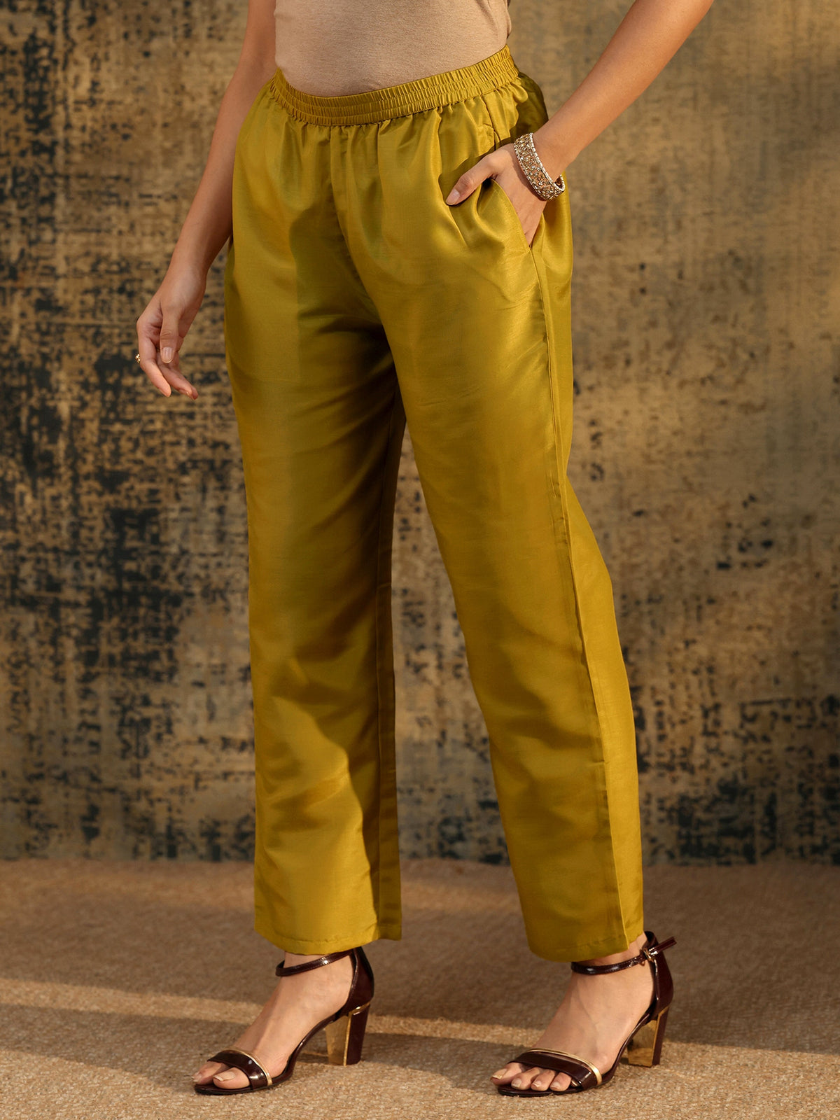 Anouk Mustard Yellow Floral Printed Silk Blend Straight Suit Set