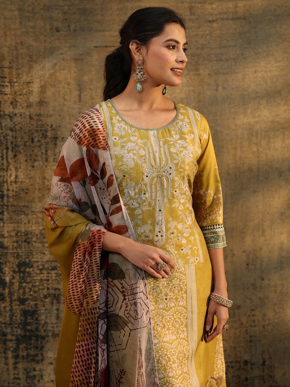 Anouk Mustard Yellow Floral Printed Silk Blend Straight Suit Set