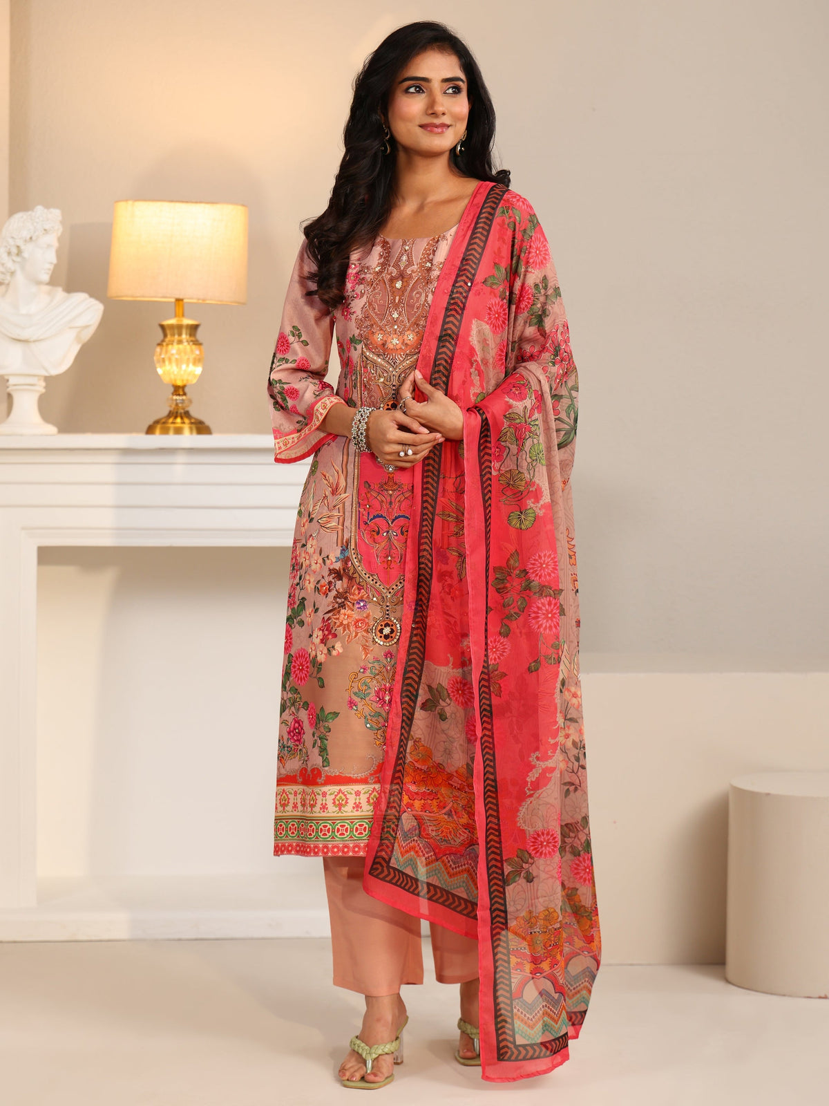Anouk Pink Floral Printed Silk Blend Straight Suit Set