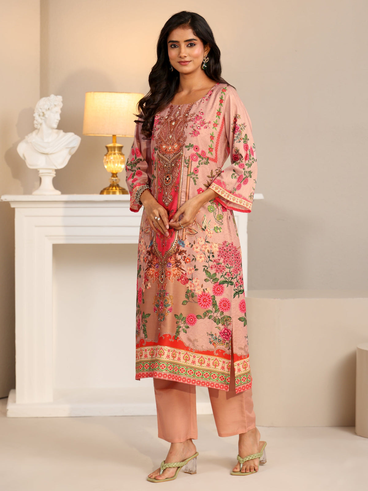 Anouk Pink Floral Printed Silk Blend Straight Suit Set
