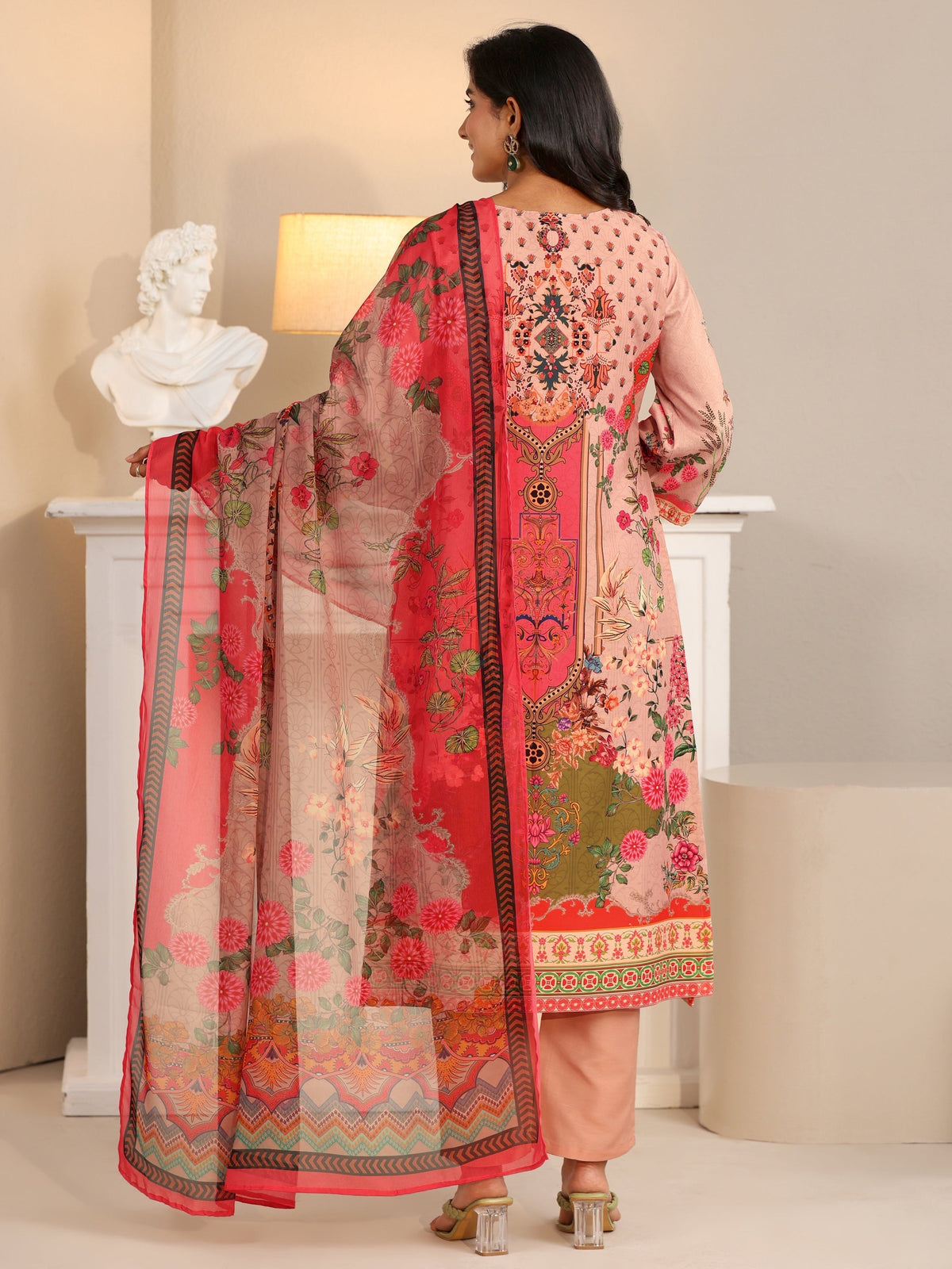 Anouk Pink Floral Printed Silk Blend Straight Suit Set