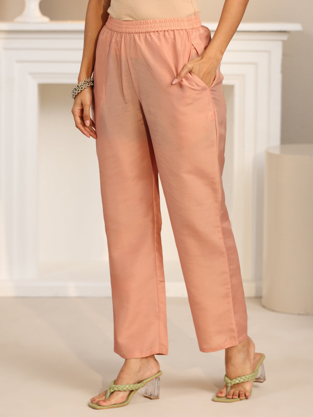 Anouk Pink Floral Printed Silk Blend Straight Suit Set