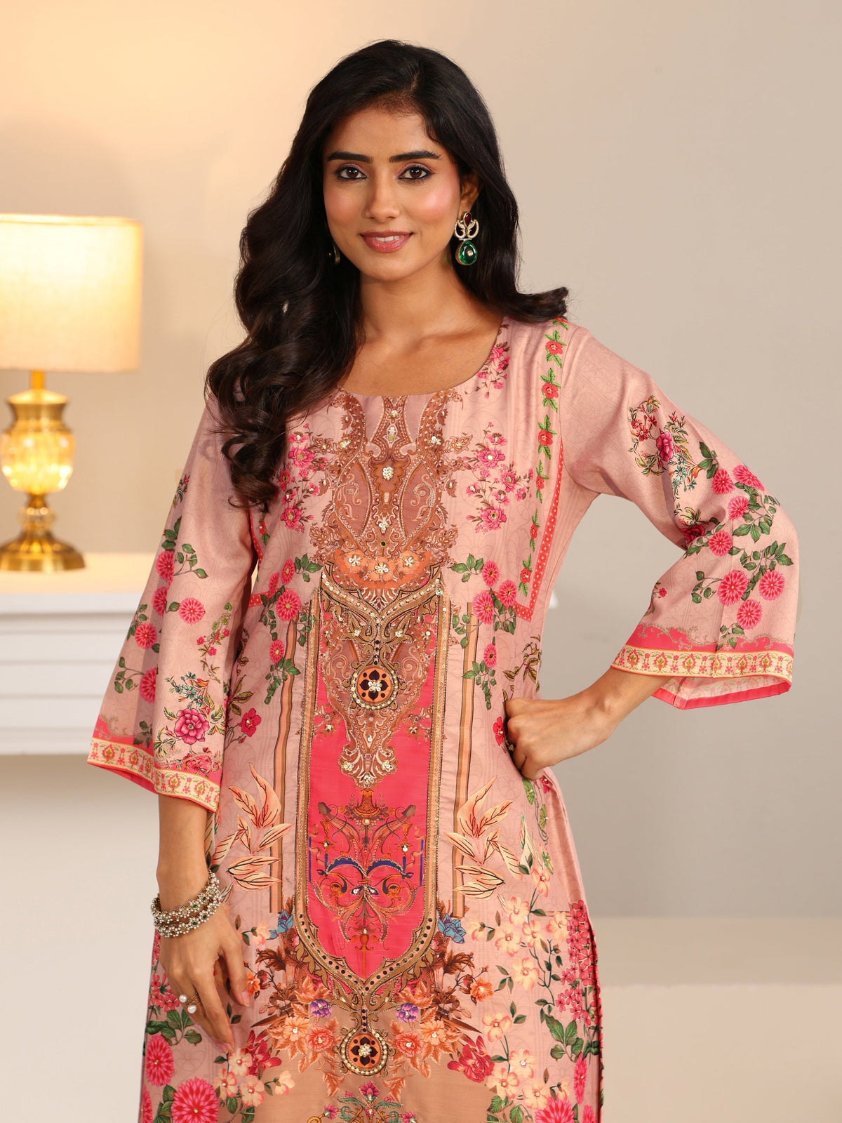 Anouk Pink Floral Printed Silk Blend Straight Suit Set