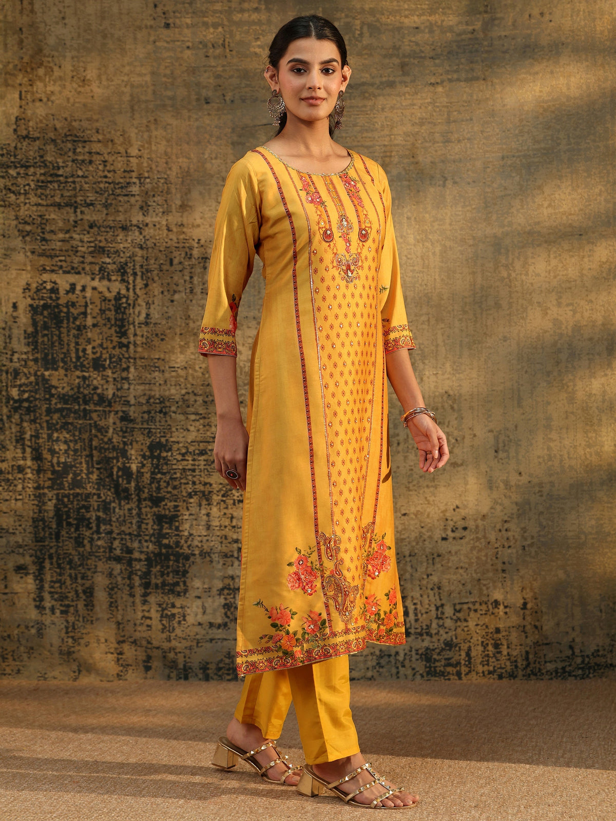 Anouk Mustard Floral Embroidered Silk Blend Straight Suit Set
