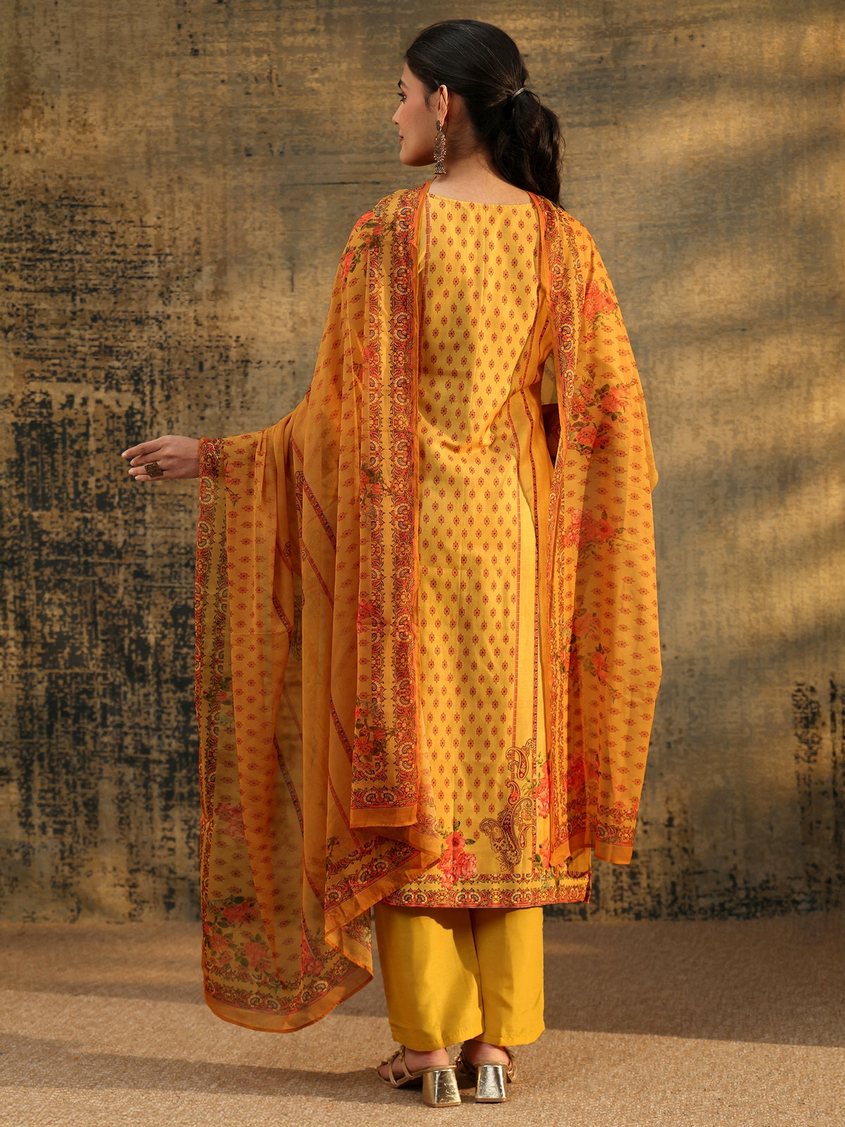 Anouk Mustard Floral Embroidered Silk Blend Straight Suit Set