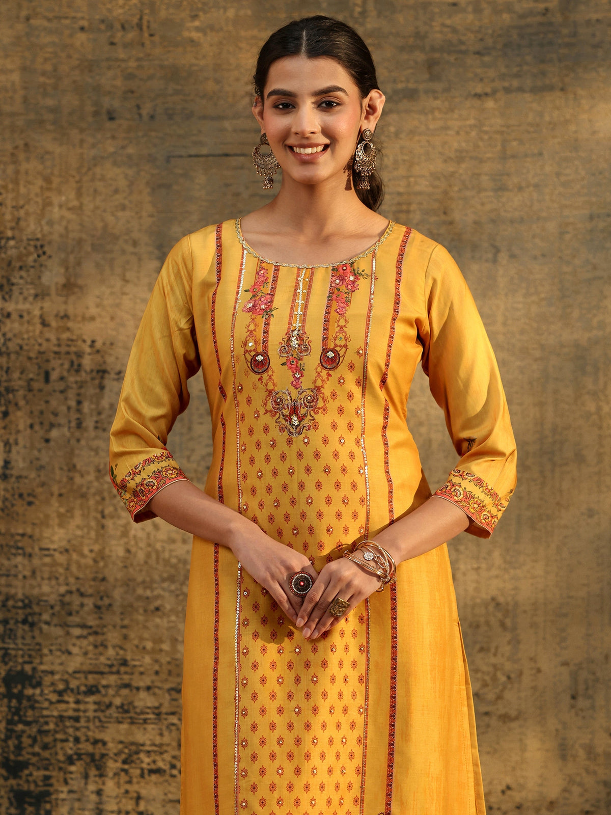 Anouk Mustard Floral Embroidered Silk Blend Straight Suit Set