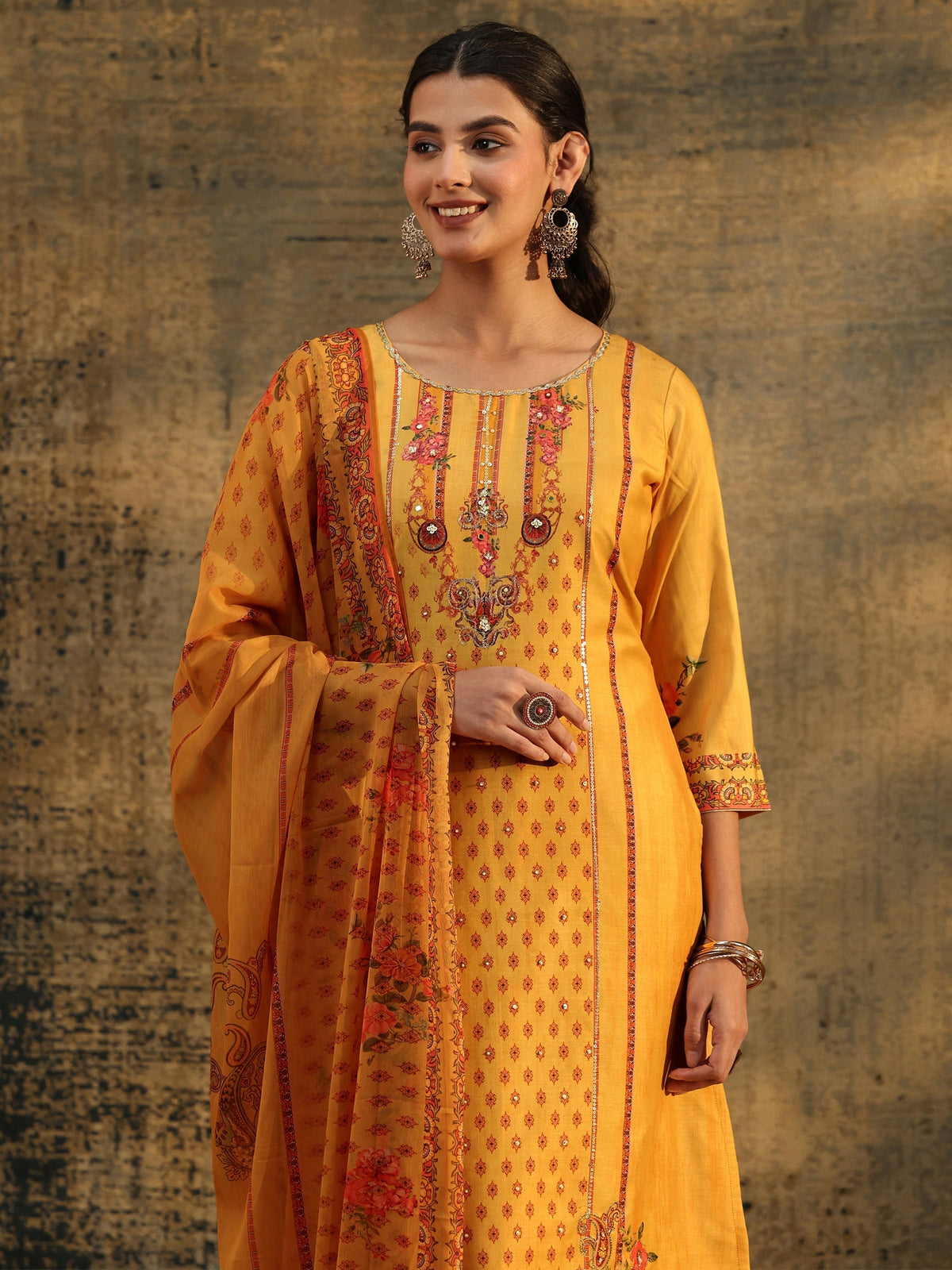Anouk Mustard Floral Embroidered Silk Blend Straight Suit Set