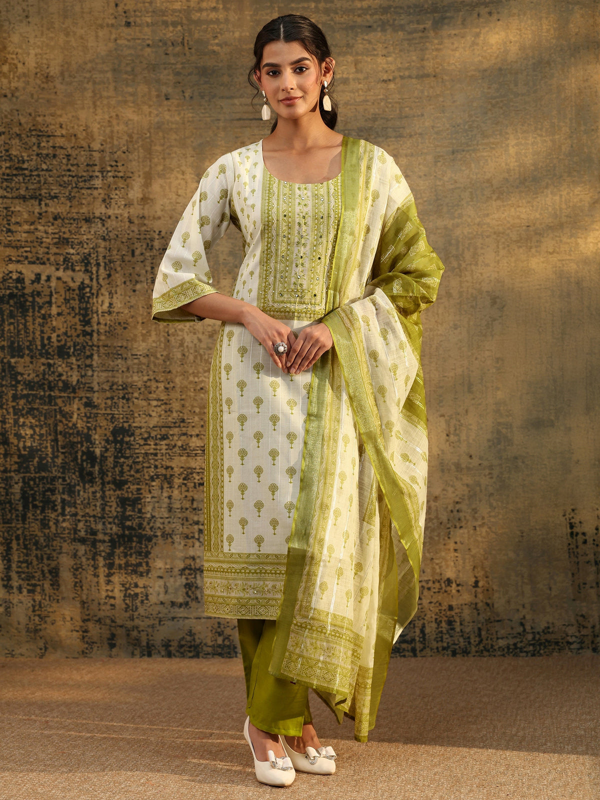 Anouk Off White Floral Printed Linen Straight Suit Set