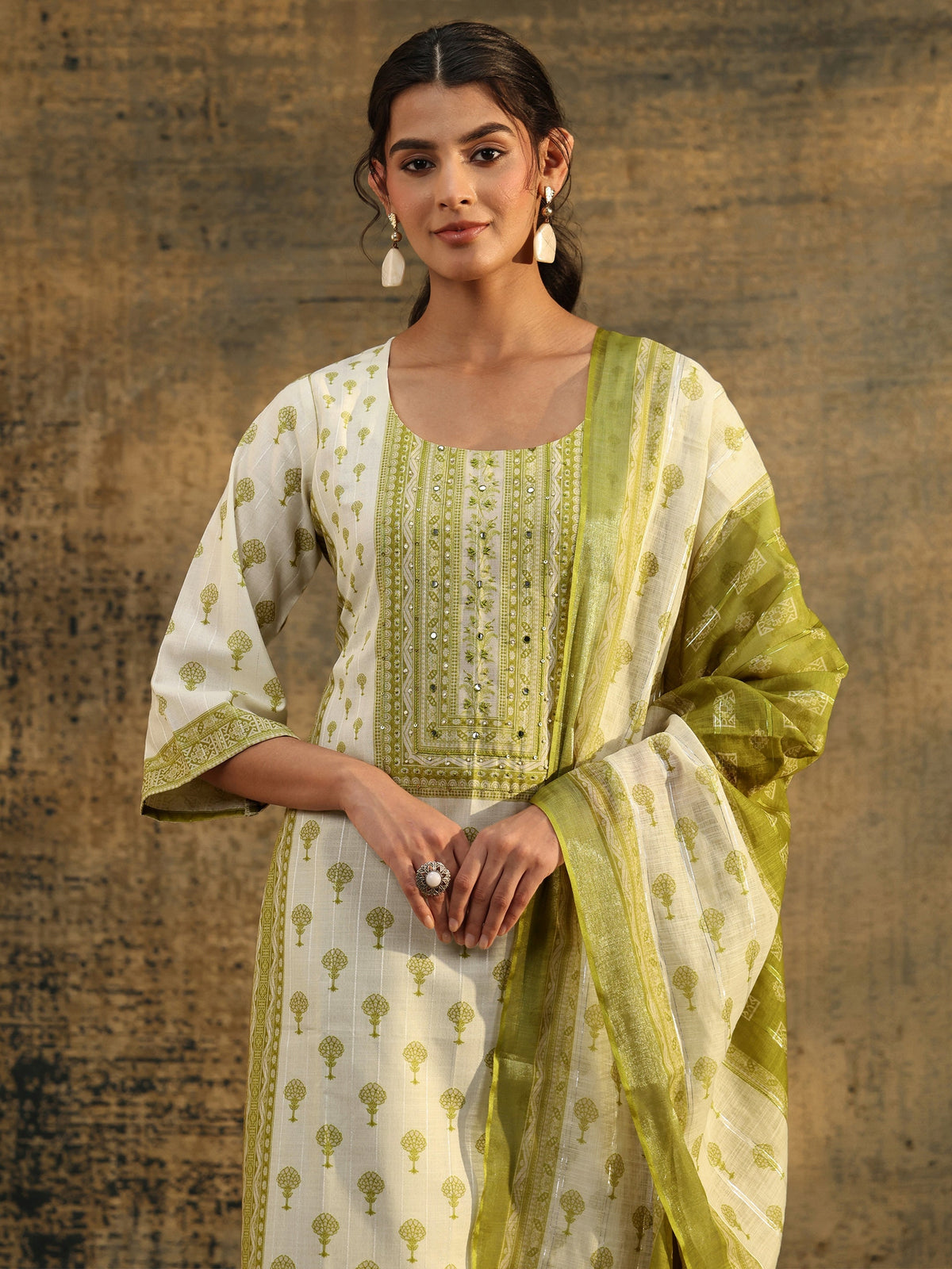 Anouk Off White Floral Printed Linen Straight Suit Set