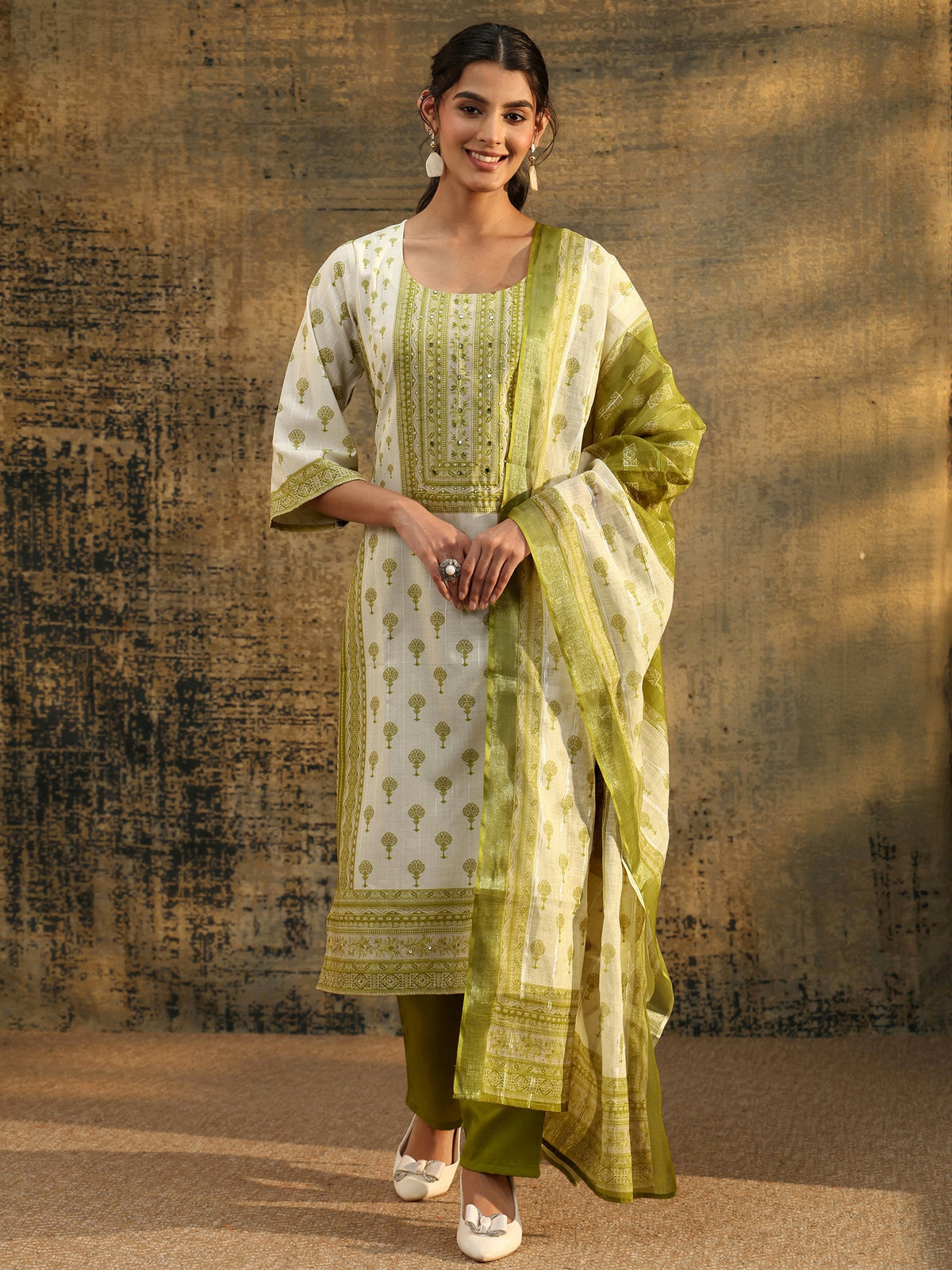 Anouk Off White Floral Printed Linen Straight Suit Set